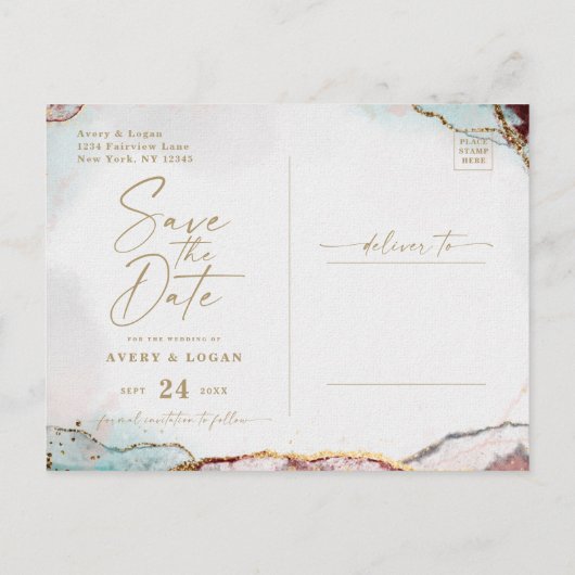 Carte Postale Faire-part Aqua Red & Gold Winter Wedding Enregistrer La Date (Dos)