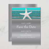 Carte Postale Faire-part Aqua & Silver Starfish Plage Enregistrer la Date (Devant / Derrière)