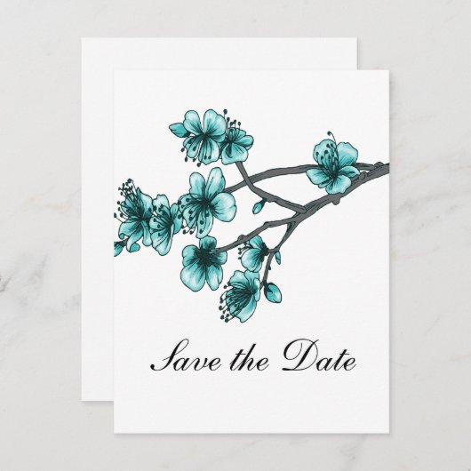 Carte Postale Faire-part Aqua Simple Cherry Blossoms Enregistrer la date (Devant / Derrière)