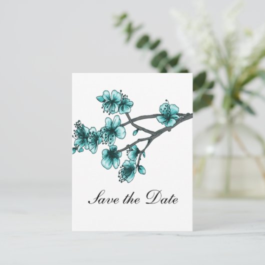Carte Postale Faire-part Aqua Simple Cherry Blossoms Enregistrer la date (Debout devant)