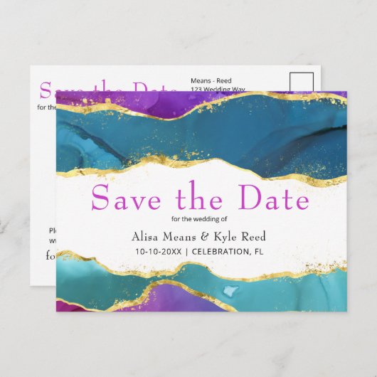 Carte Postale Faire-part Aquarelle Abstraite Encre Fuchsia Rose Turquoise O (Devant / Derrière)