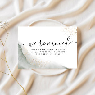 Carte Postale Faire-part Aquarelle Abstraite Traits de Pinceau Verts & Or 