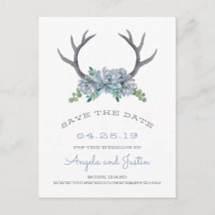 Carte Postale Faire-part Aquarelle Antlers et Mariage campagnard Echeveria