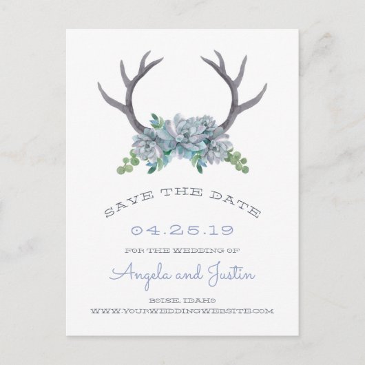 Carte Postale Faire-part Aquarelle Antlers et Mariage campagnard Echeveria (Devant)