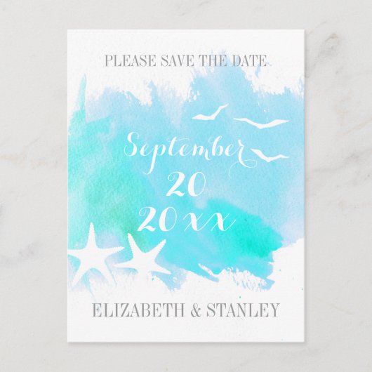 Carte Postale Faire-part Aquarelle aqua, étoile de mer mariage Save the Dat (Devant)