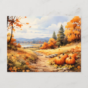 Carte Postale Faire-part Aquarelle Automne Citrouille de route en chute Feu
