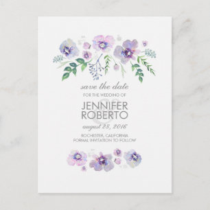 Carte Postale Faire-part Aquarelle bleu violet Fleurs mignonnes Enregistrer