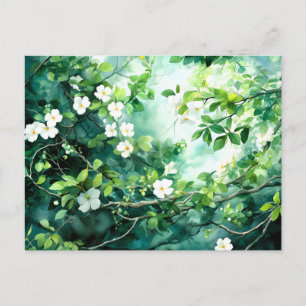 Carte Postale Faire-part Aquarelle botanique Fleurs blanches Feuilles verte