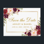 Carte Postale Faire-part Aquarelle Bourgogne or floral Enregistrer la date<br><div class="desc">Aquarelle Floral Bourgogne Or Enregistrer La Date Carte Postale Fiançailles - Gold Texte</div>