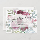 Carte Postale Faire-part Aquarelle Burgundy & Dusty Blue Enregistrer La Dat (Devant / Derrière)