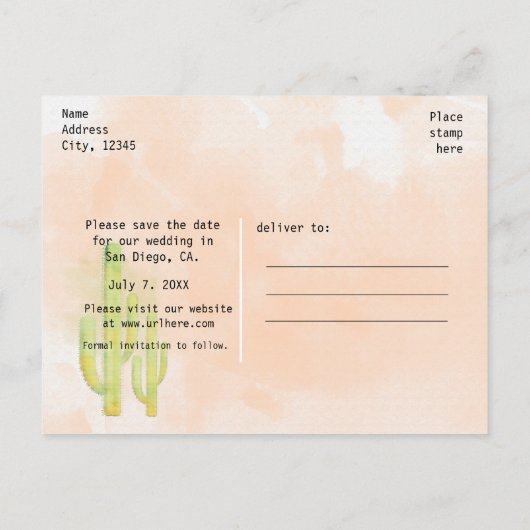 Carte Postale Faire-part Aquarelle Cactus Sud-Ouest Enregistrer La Date (Dos)