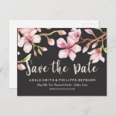 Carte Postale Faire-part Aquarelle Cerise Blossom Noir Enregistrer la date (Devant / Derrière)