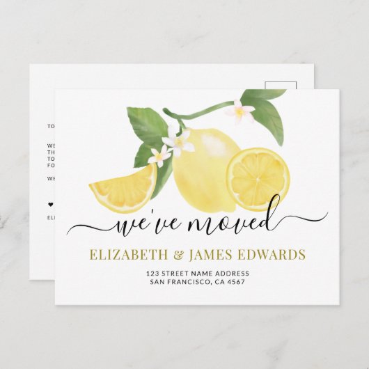 Carte Postale Faire-part Aquarelle Citron Nous avons modifié l'adresse (Devant / Derrière)