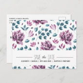 Carte Postale Faire-part Aquarelle de pivoine violette Enregistrer la date (Devant / Derrière)
