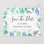 Carte Postale Faire-part Aquarelle Dusty Blue Feuilles mariage Enregistrer (Devant)