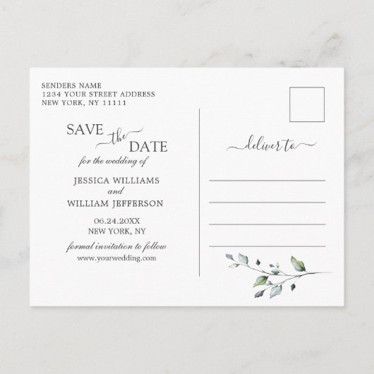 Carte Postale Faire-part Aquarelle Eucalyptus Mariage Enregistrer la date (Dos)