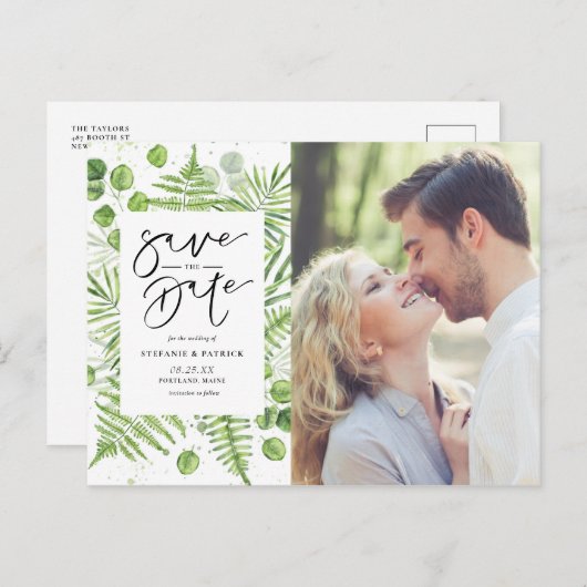 Carte Postale Faire-part Aquarelle Ferns & Eucalyptus Photo Enregistrer la  (Devant / Derrière)