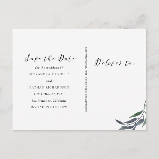 Carte Postale Faire-part Aquarelle feuillue | Enregistrez la date avec phot (Dos)