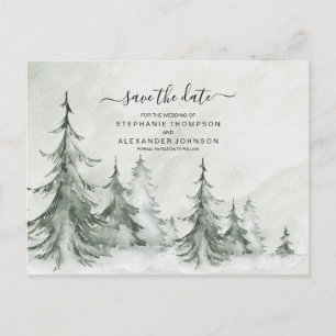 Carte Postale Faire-part Aquarelle Fir Trees Mariage d'hiver