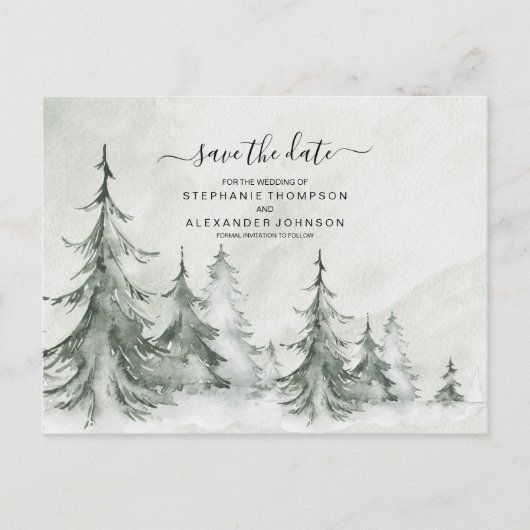 Carte Postale Faire-part Aquarelle Fir Trees Mariage d'hiver (Devant)