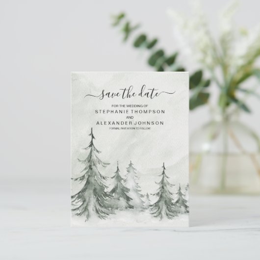 Carte Postale Faire-part Aquarelle Fir Trees Mariage d'hiver (Debout devant)