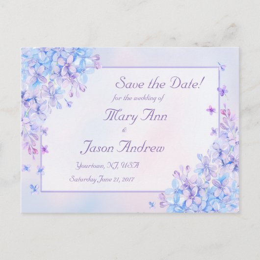 Carte Postale Faire-part Aquarelle Fleur Mauve Lilas Pour Sauvegarder la Da (Devant)