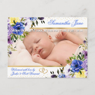 Carte Postale Faire-part Aquarelle Fleurs d'été Violettes et Bleues Naissan