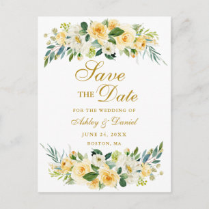 Carte Postale Faire-part Aquarelle Fleurs Jaunes et Blanches Or Save the Da