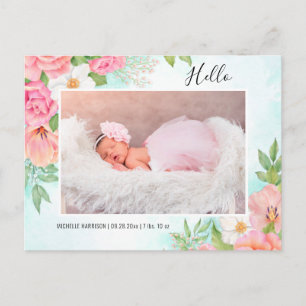 Carte Postale Faire-part Aquarelle Floral rose Turquoise Baby Girl Photo