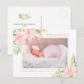 Carte Postale Faire-part Aquarelle florale Botanique rose bébé fille photo (Devant / Derrière)