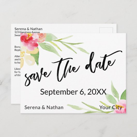 Carte Postale Faire-part Aquarelle florale écriture manuscrite décontractée (Devant / Derrière)