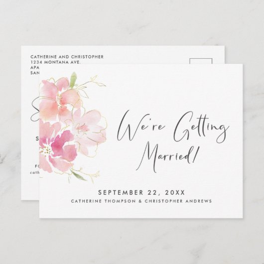 Carte Postale Faire-part Aquarelle Florale Rose Pâle Moderne (Devant / Derrière)