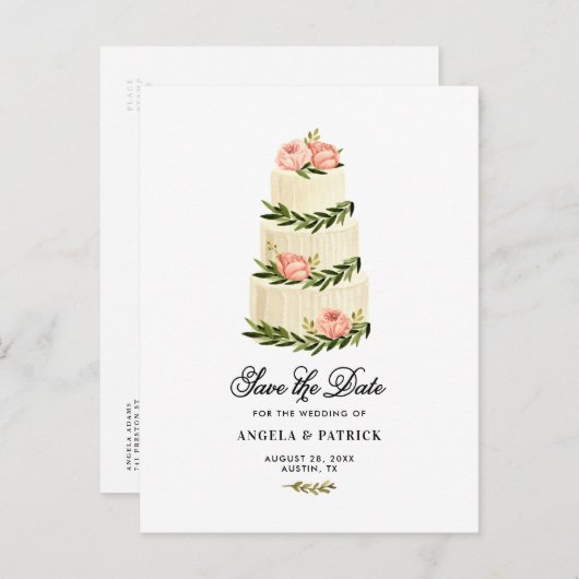 Carte Postale Faire-part Aquarelle Gâteau Rustique Tirée Enregistrer La Dat (Devant / Derrière)