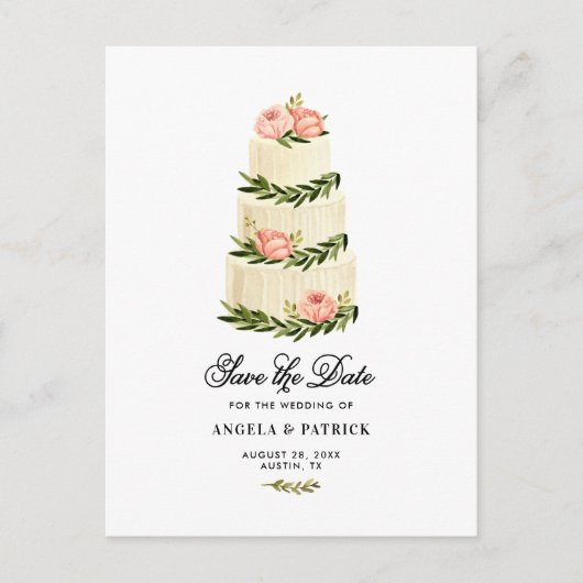Carte Postale Faire-part Aquarelle Gâteau Rustique Tirée Enregistrer La Dat (Devant)