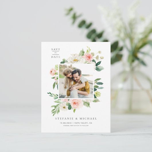 Carte Postale Faire-part Aquarelle Jardin Fleurs Photo Enregistrer la date (Debout devant)