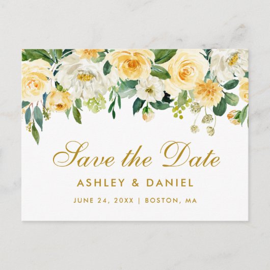 Carte Postale Faire-part Aquarelle Jaune Or Blanc Floral Enregistrer la dat (Devant)