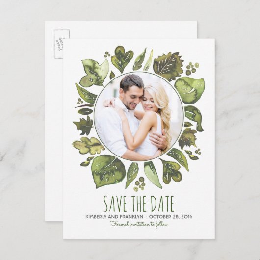 Carte Postale Faire-part Aquarelle Laurel Green Photo Enregistrer la date (Devant / Derrière)