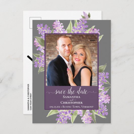 Carte Postale Faire-part Aquarelle Lilacs Mariage Enregistrer la date Photo (Devant / Derrière)