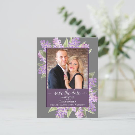 Carte Postale Faire-part Aquarelle Lilacs Mariage Enregistrer la date Photo (Debout devant)