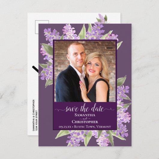 Carte Postale Faire-part Aquarelle Lilas Mariage Photo de sauvegarde de la  (Devant / Derrière)