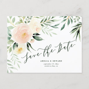 Carte Postale Faire-part aquarelle mariage floral et feuillage pêche rose
