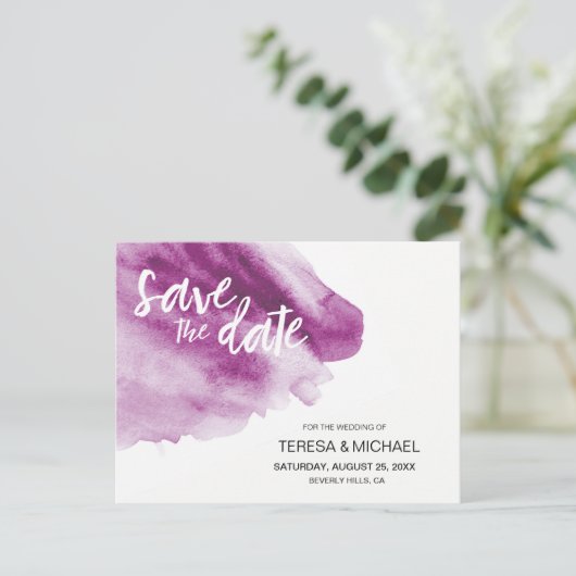 Carte Postale Faire-part Aquarelle moderne Purple Splash Enregistrer la dat (Debout devant)