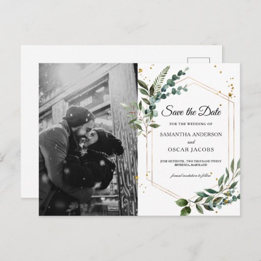 Carte Postale Faire-part Aquarelle moderne Vert Eucalyptus Gold Frame (Devant / Derrière)