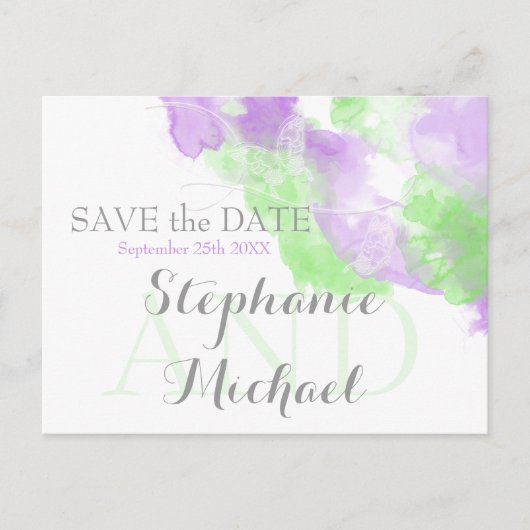 Carte Postale Faire-part Aquarelle Papillon Matcha Lilac SavetheDate (Devant)