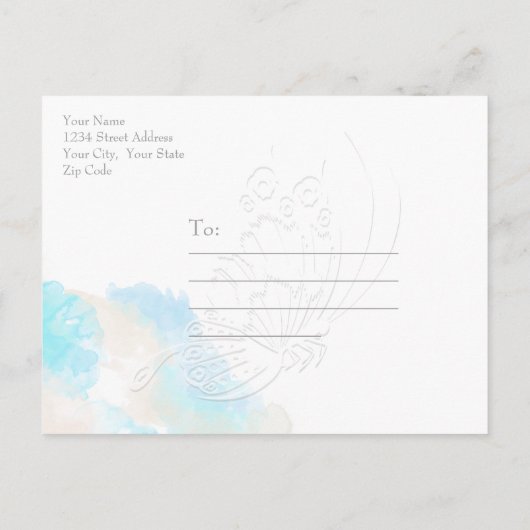 Carte Postale Faire-part Aquarelle Papillon Turquoise ivoire SavetheDate (Dos)