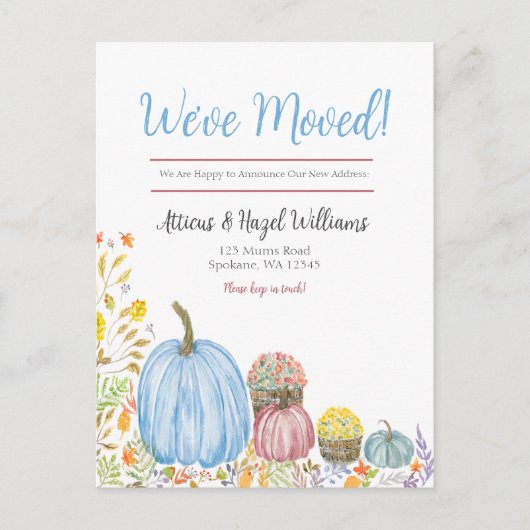 Carte Postale Faire-part Aquarelle Pastel Mums, Citrouille Automne Moving (Devant)