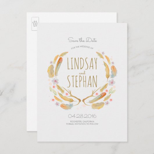 Carte Postale Faire-part Aquarelle Plumes Boho Antlers Enregistrer la date (Devant / Derrière)