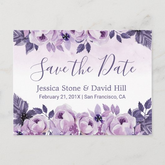 Carte Postale Faire-part Aquarelle Purple Floral Mariage Enregistrer la dat (Devant)