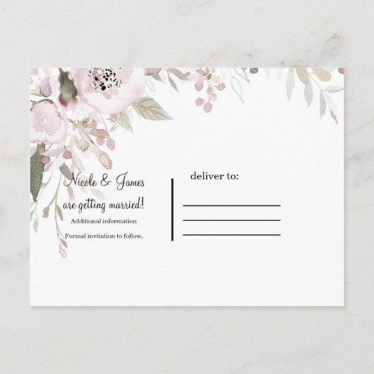 Carte Postale Faire-part Aquarelle rose douce Elégante Florale Enregistrer  (Dos)