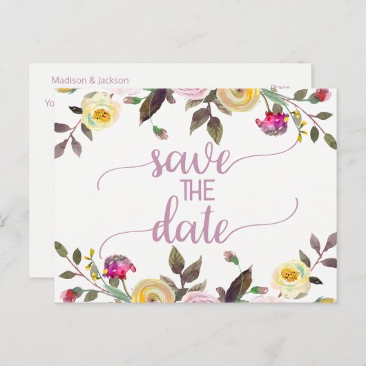 Carte Postale Faire-part Aquarelle Rose douce Mariage floral Enregistrer la (Devant / Derrière)